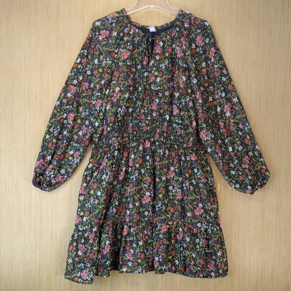 Old Navy Womens Boho Cottage Floral Chiffon Tiered Mini Dress XXL Black Metallic